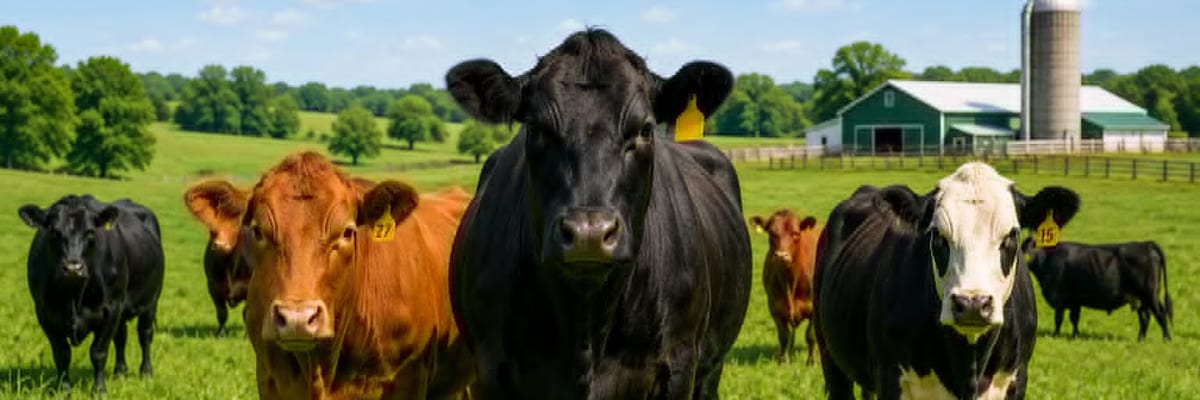 Black Angus cattle grazing on a green pasture